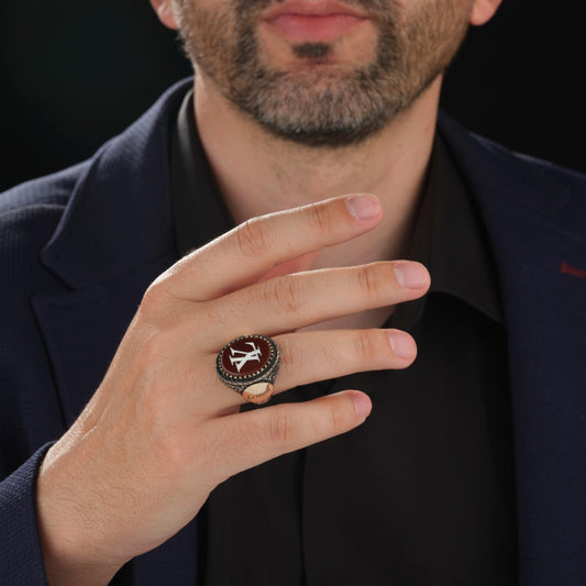 Brown agate initial ring with filigree setting β view 2