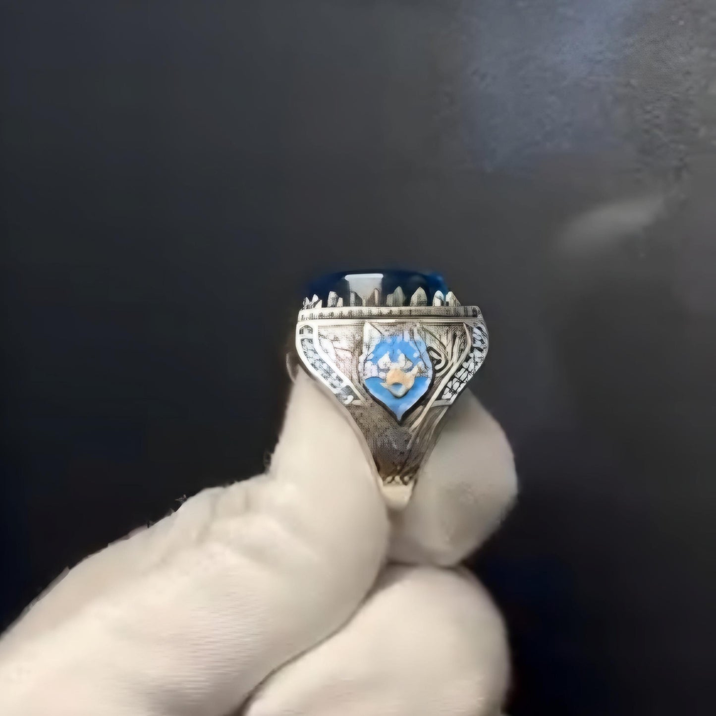 Blue Amber Wolf Ring 925 Silver Turkish Style Handmade Men