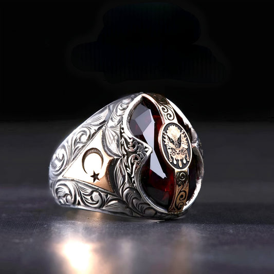 Ottoman Tughra Ring 925 Silver Black Onyx Turkish Handmade