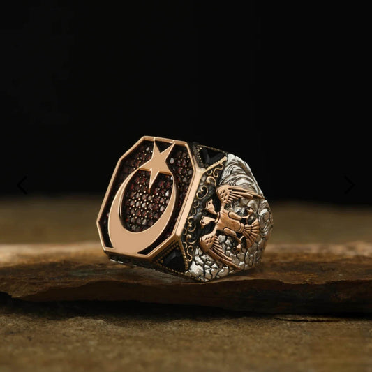 Seljuk Eagle Red Garnet Ring | 925 Silver