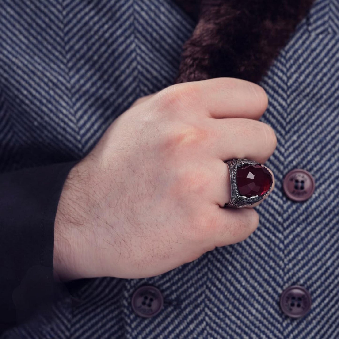 Red Zircon Ring 925 Sterling Silver Zindan Motif Custom Initials OttomanHandmade Men