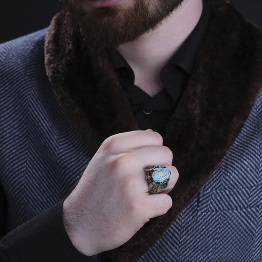 Turquoise 925 Sterling Silver Men's Ring Handcrafted Engraved Claw Setting