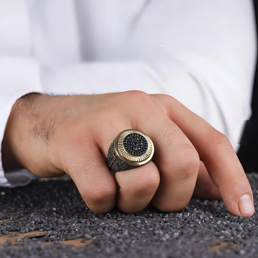 Textured Black Zircon 925 Sterling Silver Ring Modern Statement Men's
