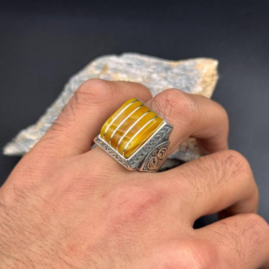 Yellow Amber Ring – 925 Sterling Silver Unisex | Islamic Motif