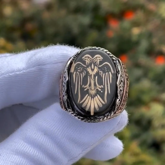 Double-Headed Eagle Ring – Black Amber & Initial Engraving | 925 Silver