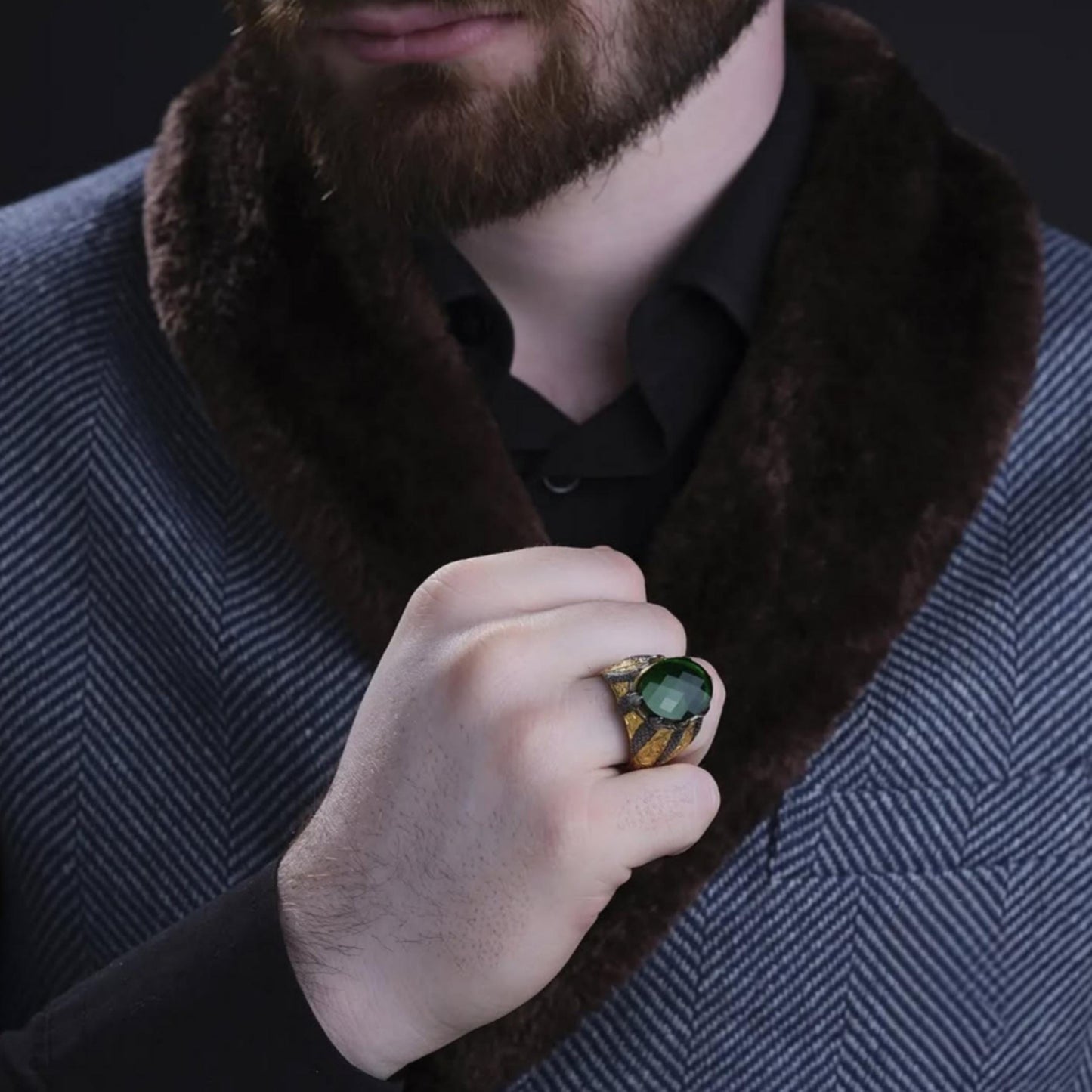Green Zircon Ring – Gold Plated Claw Setting | 925 Silver Men's Ring