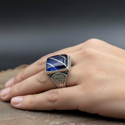 Blue Amber Ring, Hand-Engraved Band – view 2