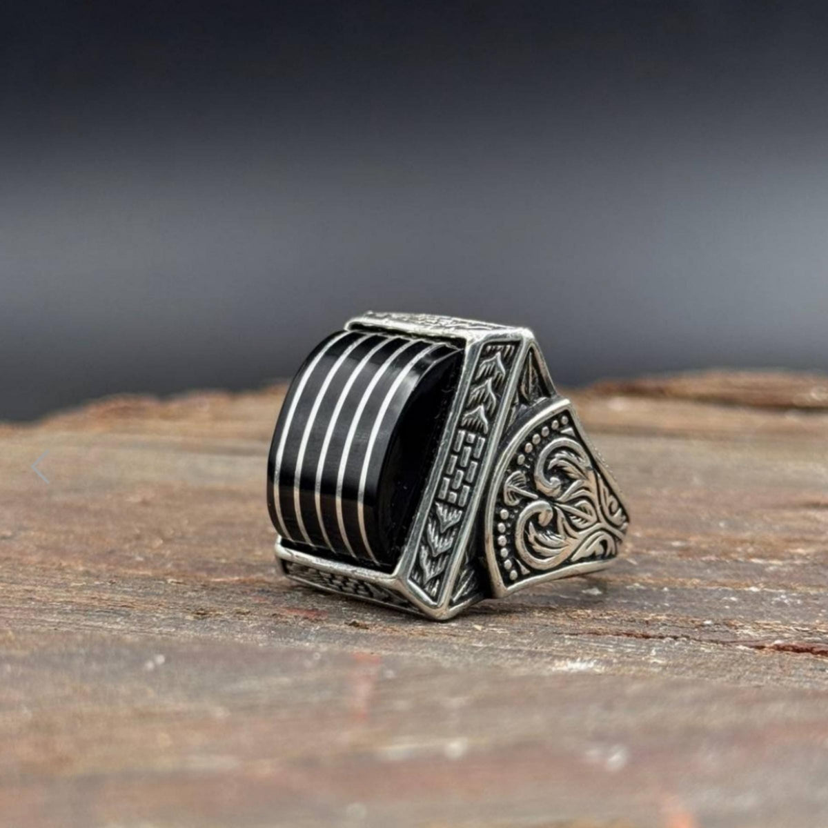 Black Amber Ring – Hand-Engraved Band | 925 Silver Men's Ring