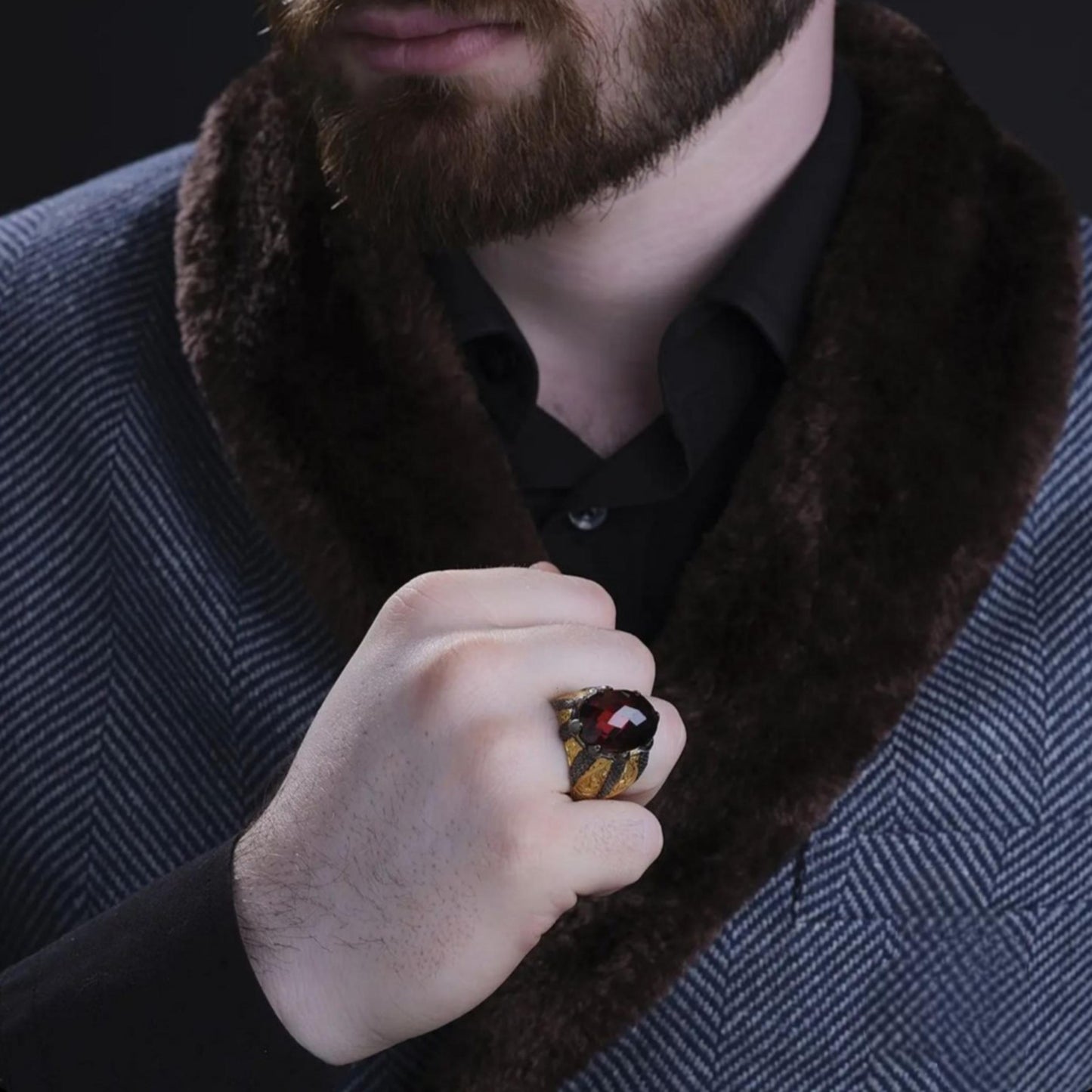 Red Zircon Ring – Gold Plated Claw Setting | 925 Silver Men's Ring