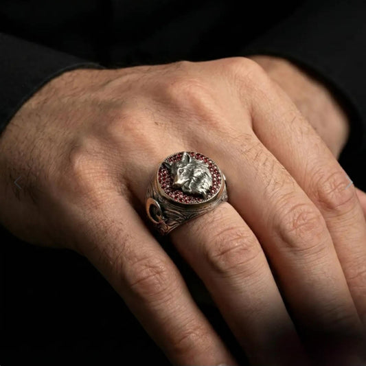 Wolf Ring – Garnet Stone & Oghuz Khan Seal | 925 Silver Men's Ring