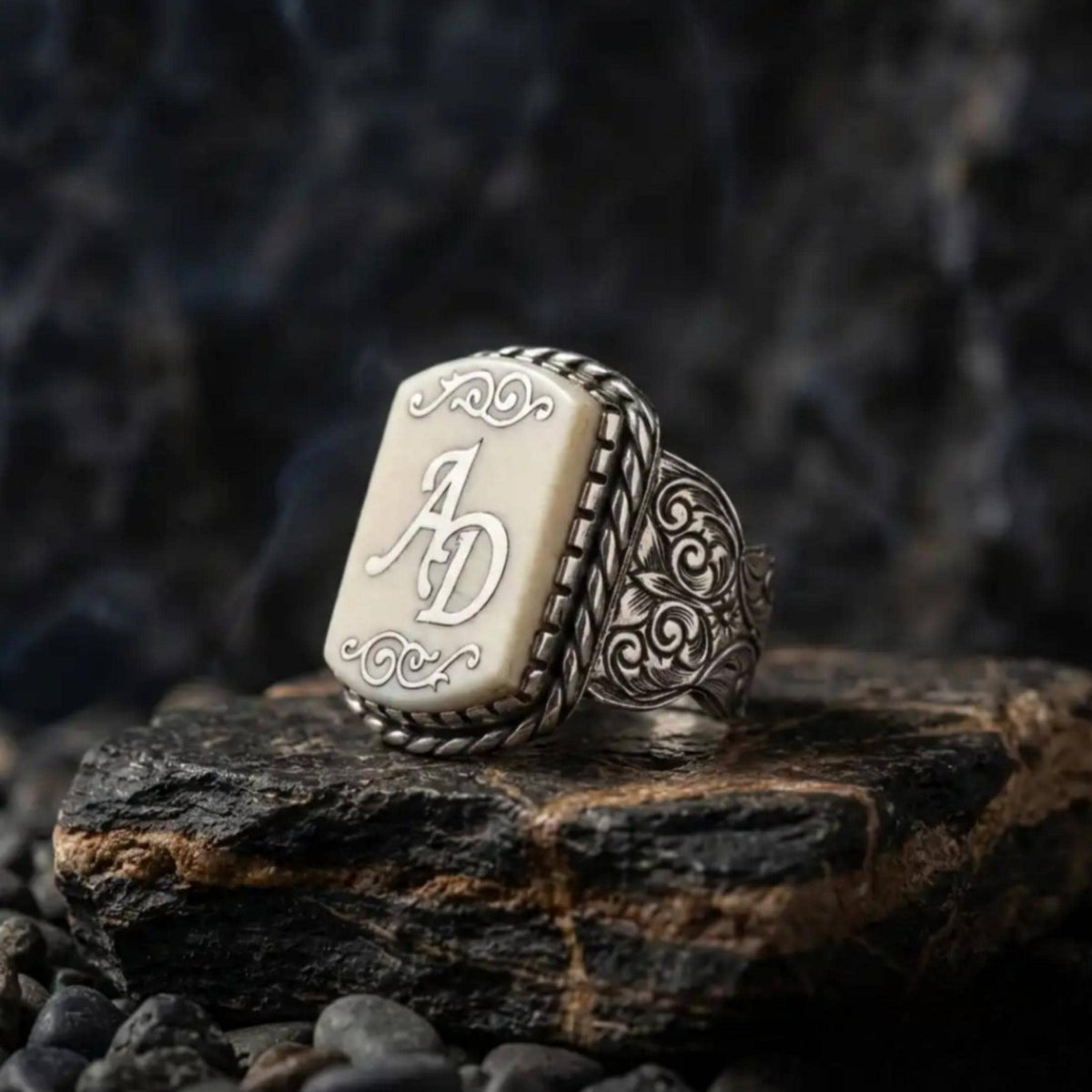 Custom Initial Ring 925 Silver Floral Engraved Handmade