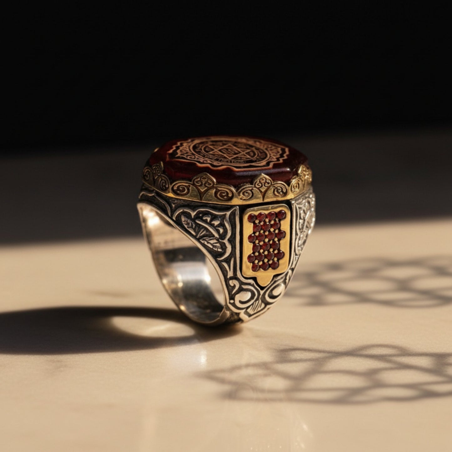 Solomon Seal Red Amber Ring 925 Silver Islamic Talisman