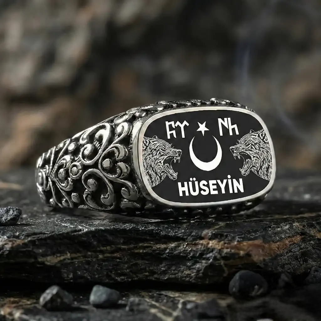 Custom Wolf Ring, Gokturk Turkish Silver Mens Ring Gift