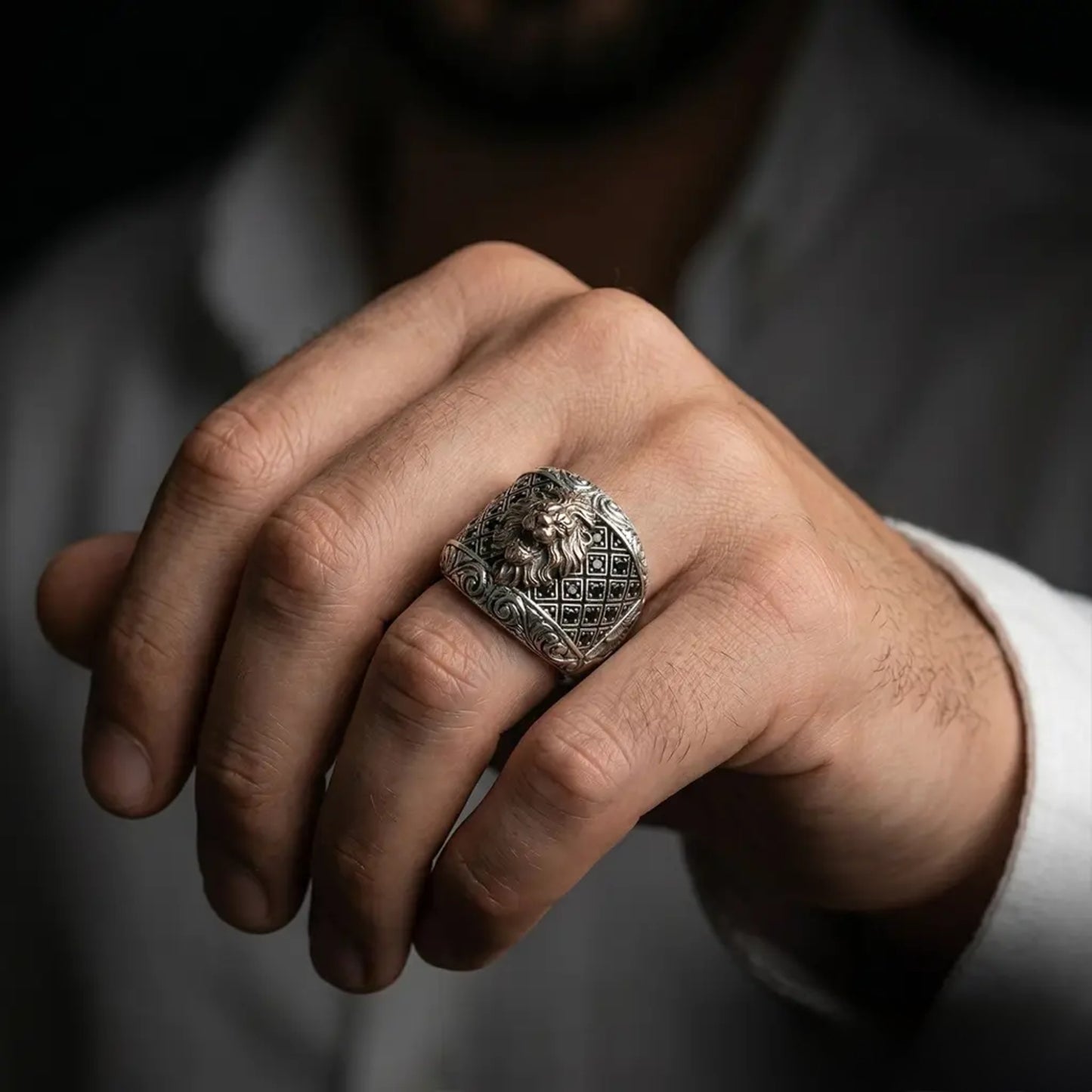 Lion Signet Ring for Men in 925 Sterling Silver with Black Zircon Stone Details
