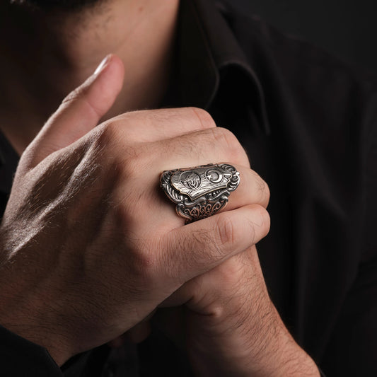 Handmade 925 Sterling Silver Zihgir Thumb Ring with Ottoman Tughra and Crescent Star – Personalized Men’s Gift