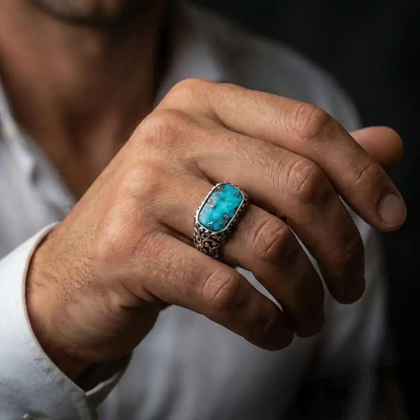 Turquoise Band Ring 925 Silver Oxidized Vintage Handmade Men