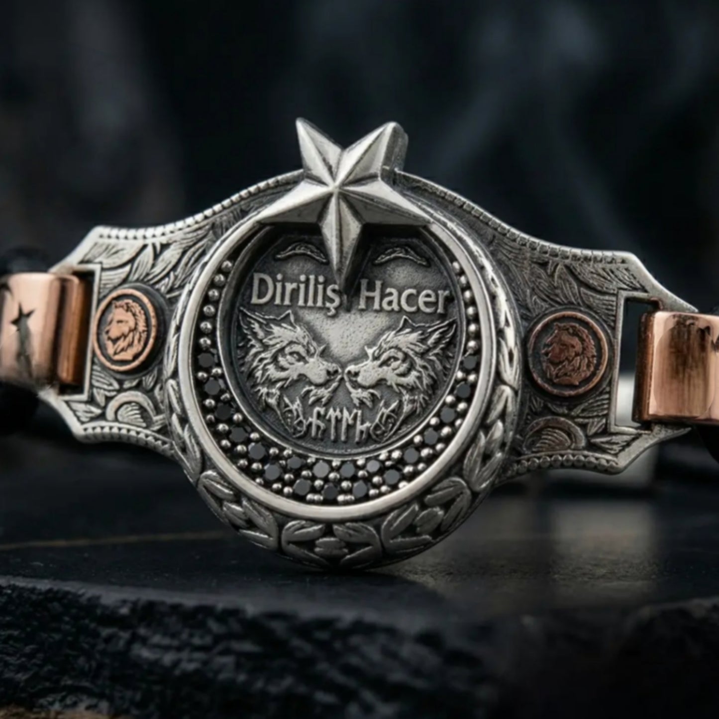 Crescent Star Wolf Leather Bracelet 925 Silver Personalized