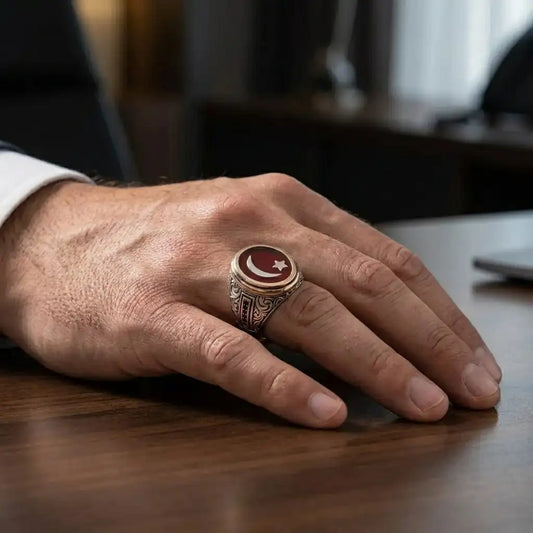 Personalized Turkish Crescent Star 925 Sterling Silver Men's Ring