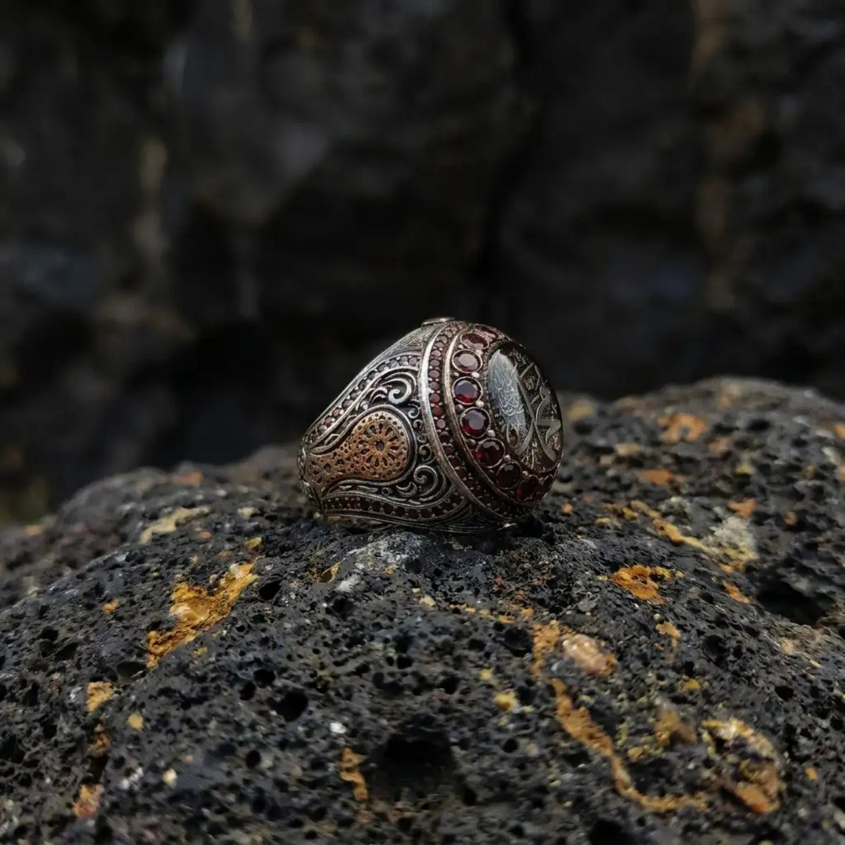Personalized Islamic Garnet Ring – 925 Sterling Silver Arabic Calligraphy