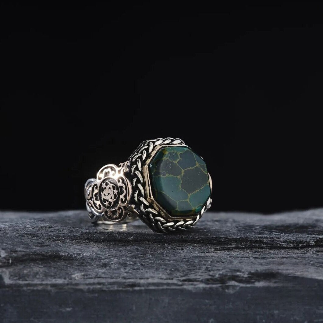 Arizona turquoise basket weave men's ring in 925 sterling silver
