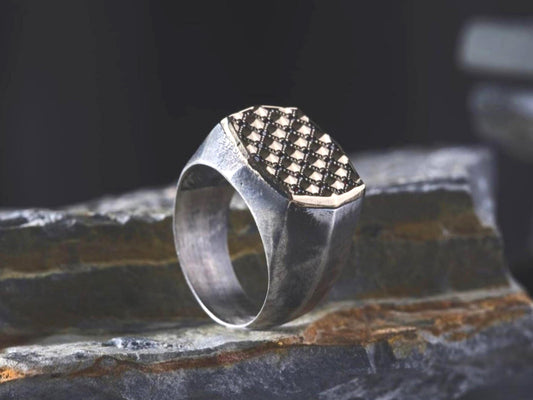 Handmade 925 sterling silver octagon signet ring with oxidized finish and red micro stones