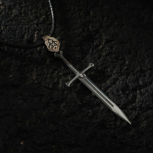 3D Sword Necklace Leather Cord Warrior in 925 sterling silver