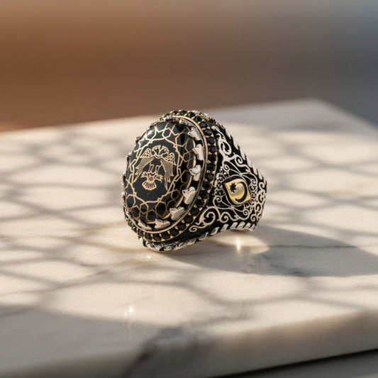 Black Amber OttomanStyle Sterling Silver Men's Ring