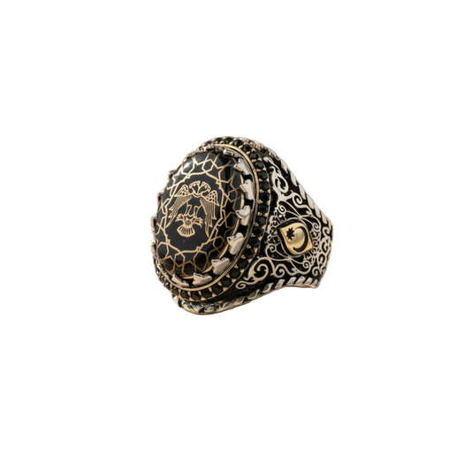 Black Amber Ring 925 Silver Black Garnet Ottoman Handmade Men