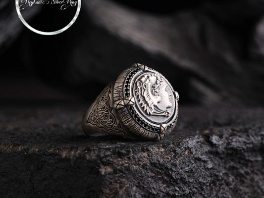 Alexander the Great coin signet ring with black rhodium in 925 sterling silver