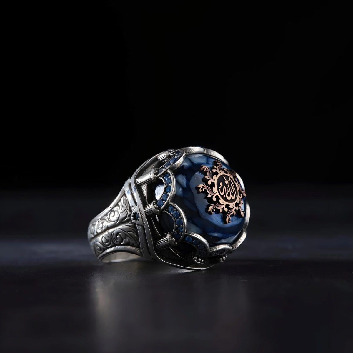 Allah Engraved Kyanite Ring, Blue Topaz Accents in 925 sterling silver