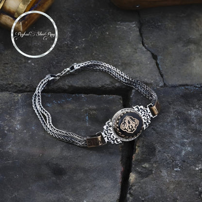 Amber stone initials bracelet with Göktürk script in 925 sterling silver