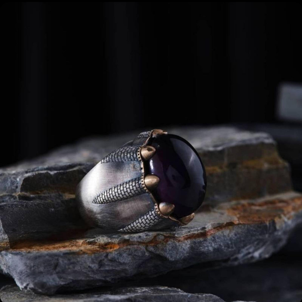 Amethyst Silver Ring, Tumbled Finish & Claw Wall Motif in 925 sterling silver