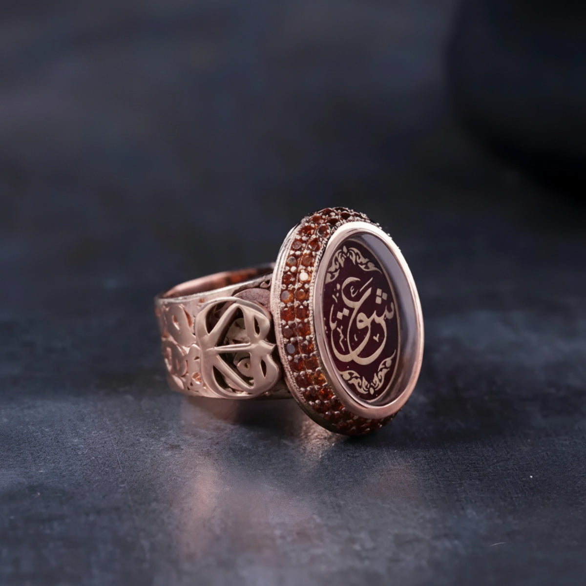 Arabic Love Ring, with Red Opal Stone in 925 sterling silver