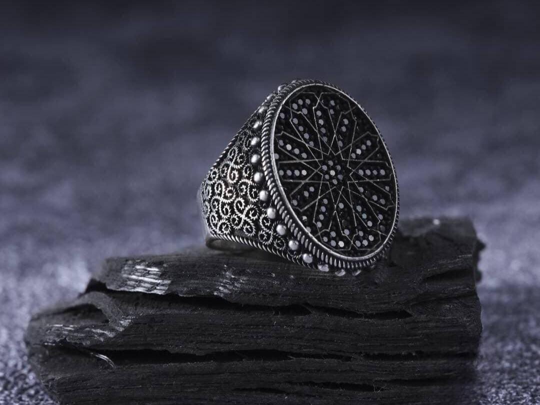 Black micro zircon oval men's ring in 925 sterling silver