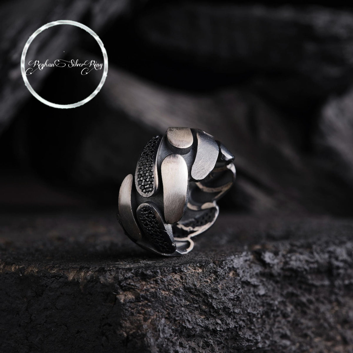 Black zircon patterned wedding band in 925 sterling silver