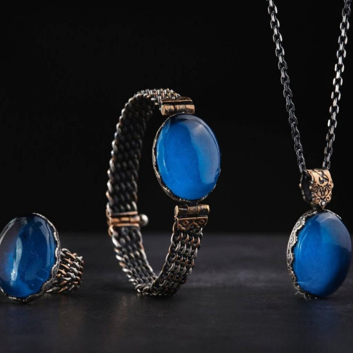 Blue Amber Jewelry Set, Ring, Bracelet & Necklace in 925 sterling silver