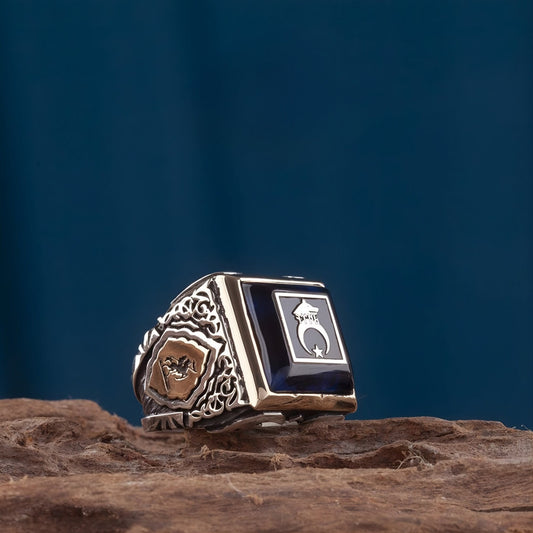 Blue fire amber crescent and star ring in 925 sterling silver