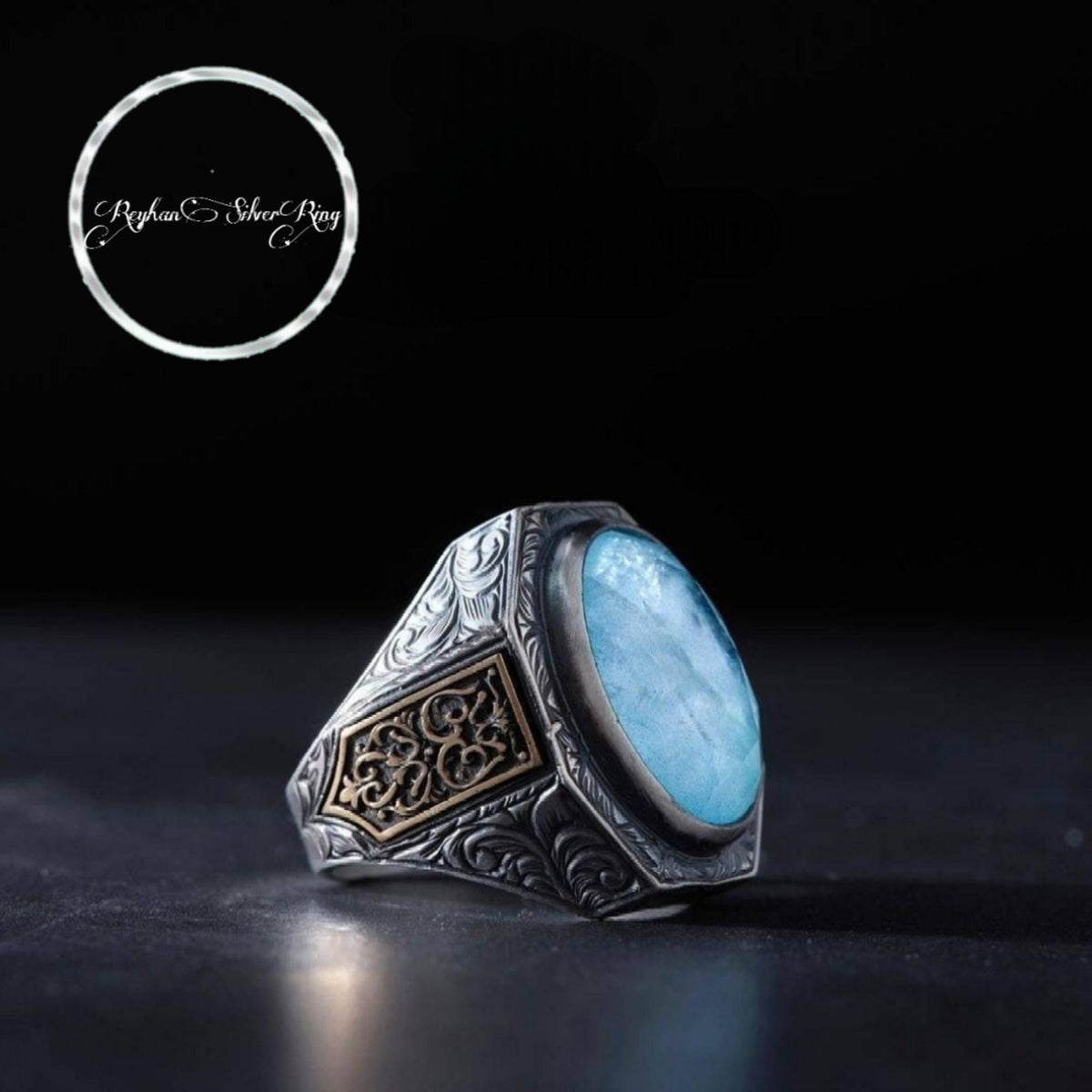 Blue Paraiba stone men's ring in 925 sterling silver