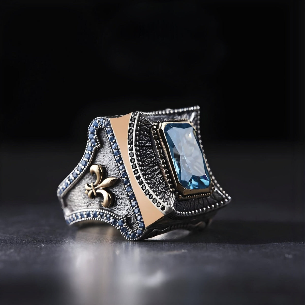 Blue Zircon Baguette Ring Shah Model in 925 sterling silver