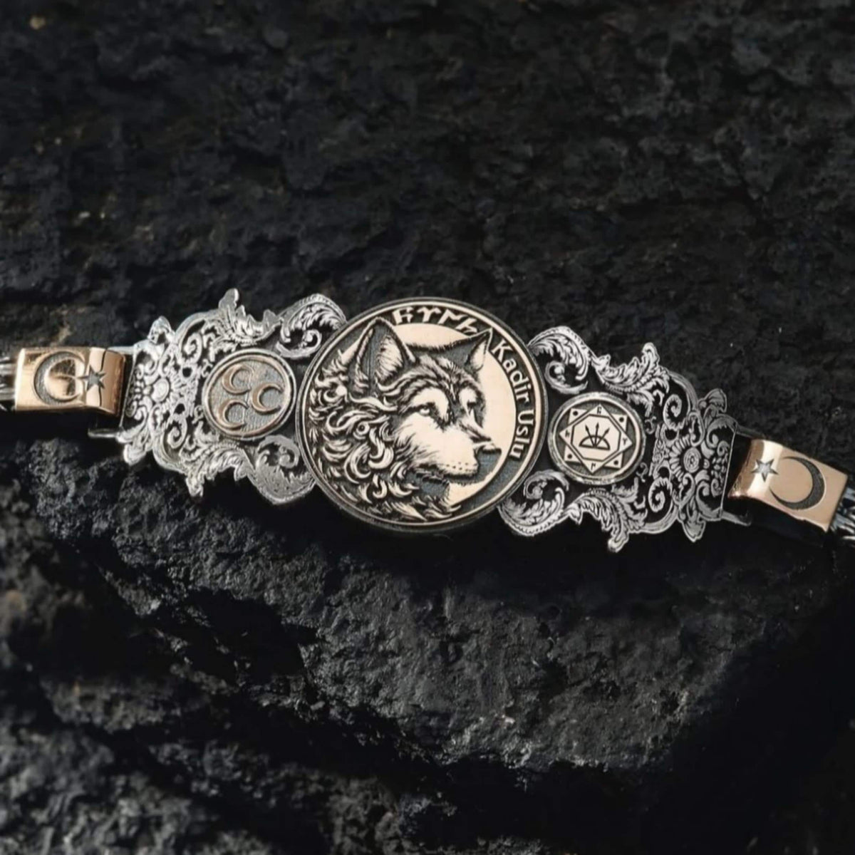 Bozkurt Cuff Bracelet with Göktürk Script in 925 sterling silver