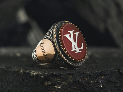 Brown agate initial ring with filigree setting in 925 sterling silver