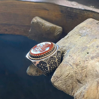 Brown agate Arabic calligraphy ring in 925 sterling silver