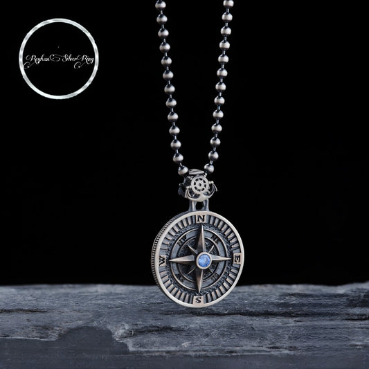 Compass medallion necklace with black zircon in 925 sterling silver