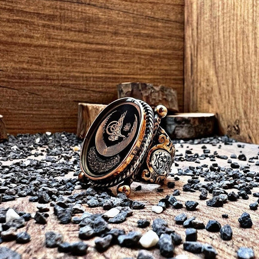 Crescent and Ottoman seal signet ring in 925 sterling silver