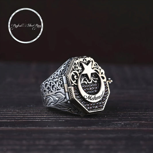 Crescent and star covered ring in 925 sterling silver
