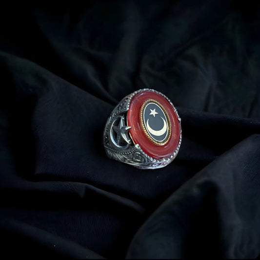 Crescent and star men's ring with red stone in 925 sterling silver