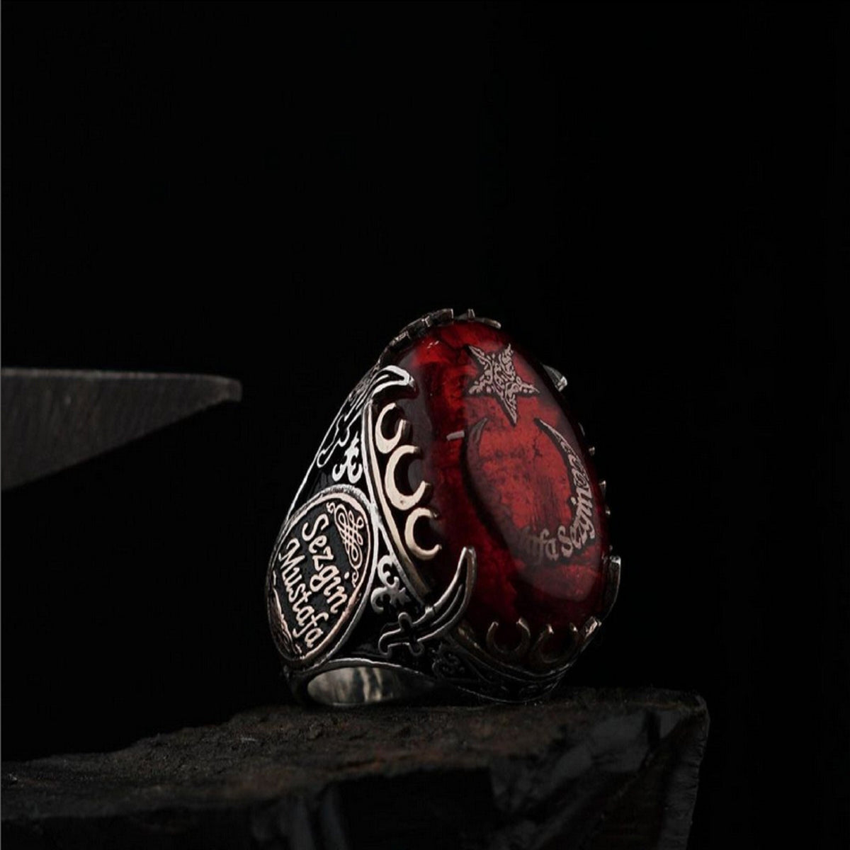 Crescent and star name ring with Ottoman sword in 925 sterling silver