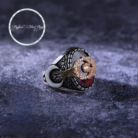 Crescent and star ring with red natural stone in 925 sterling silver