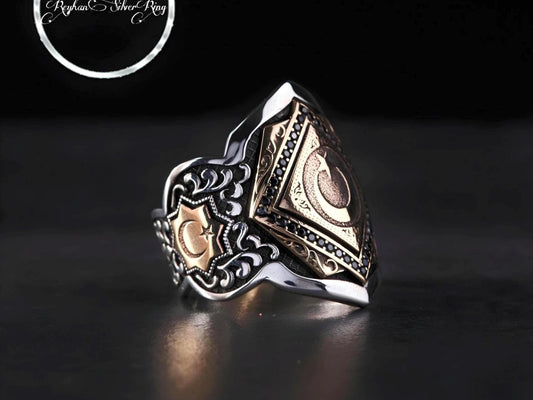 Crescent and star zihgir thumb ring in 925 sterling silver