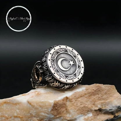 Crescent moon and star men's ring in 925 sterling silver